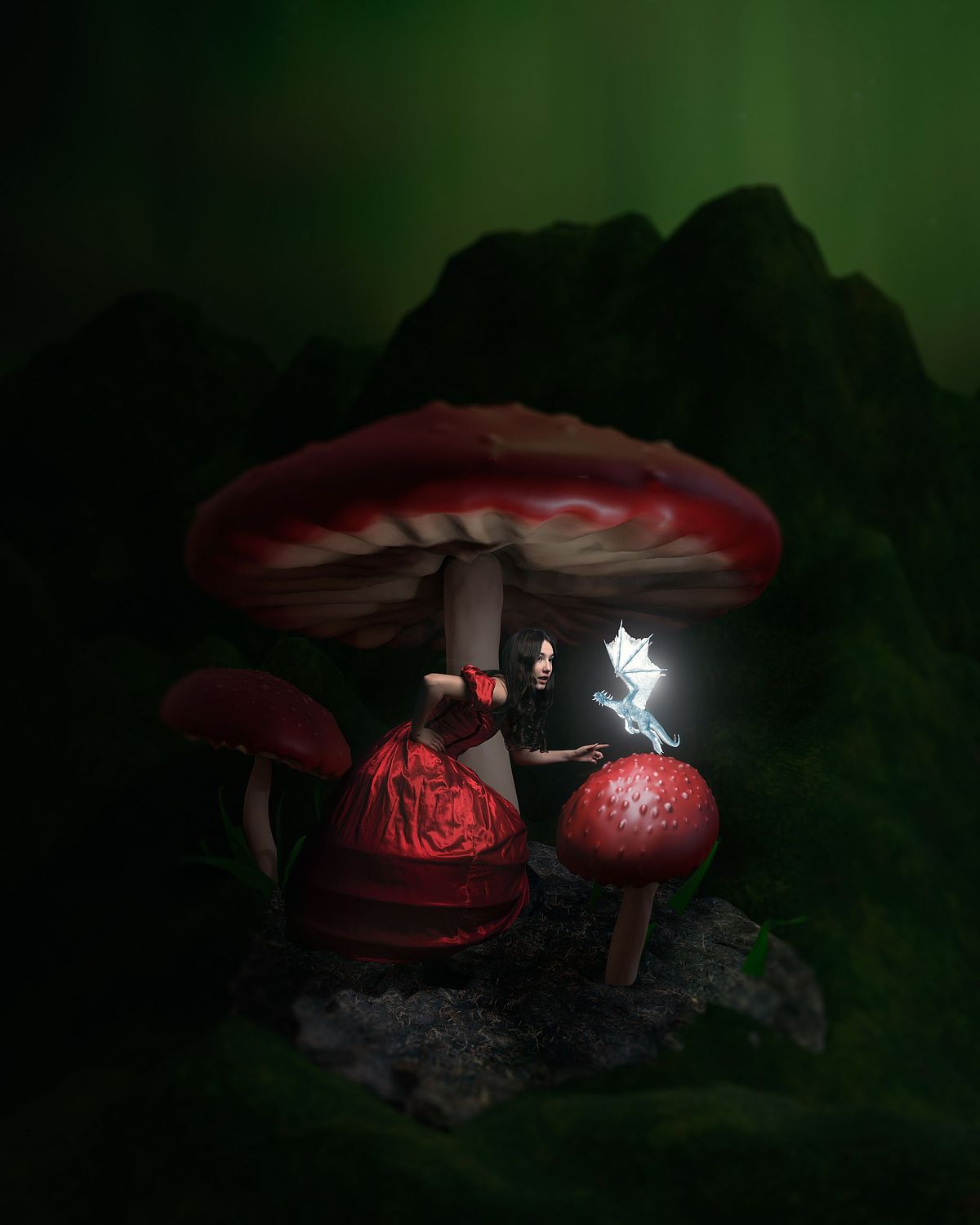 A youthful girl in a red dress taking shelter under a large mushroom being curious about a tiny dragon.