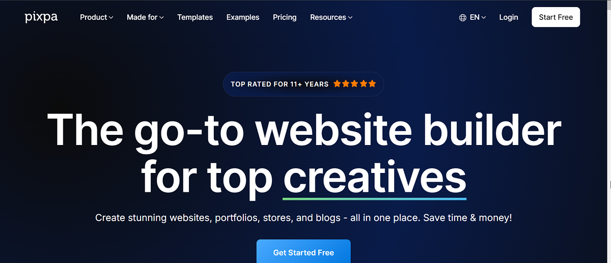 Pixpa screenshot della homepage