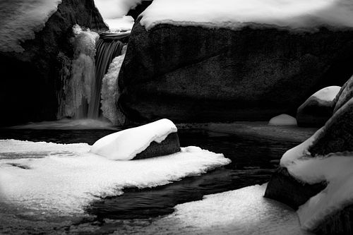Black & White, monochromatic, tonal, texture, waterfall, water, flow, stream, clear, Golden, Lyons, Boulder, Colorado, Front Range, Estes, Rocky Mountains, snow, frozen, storm