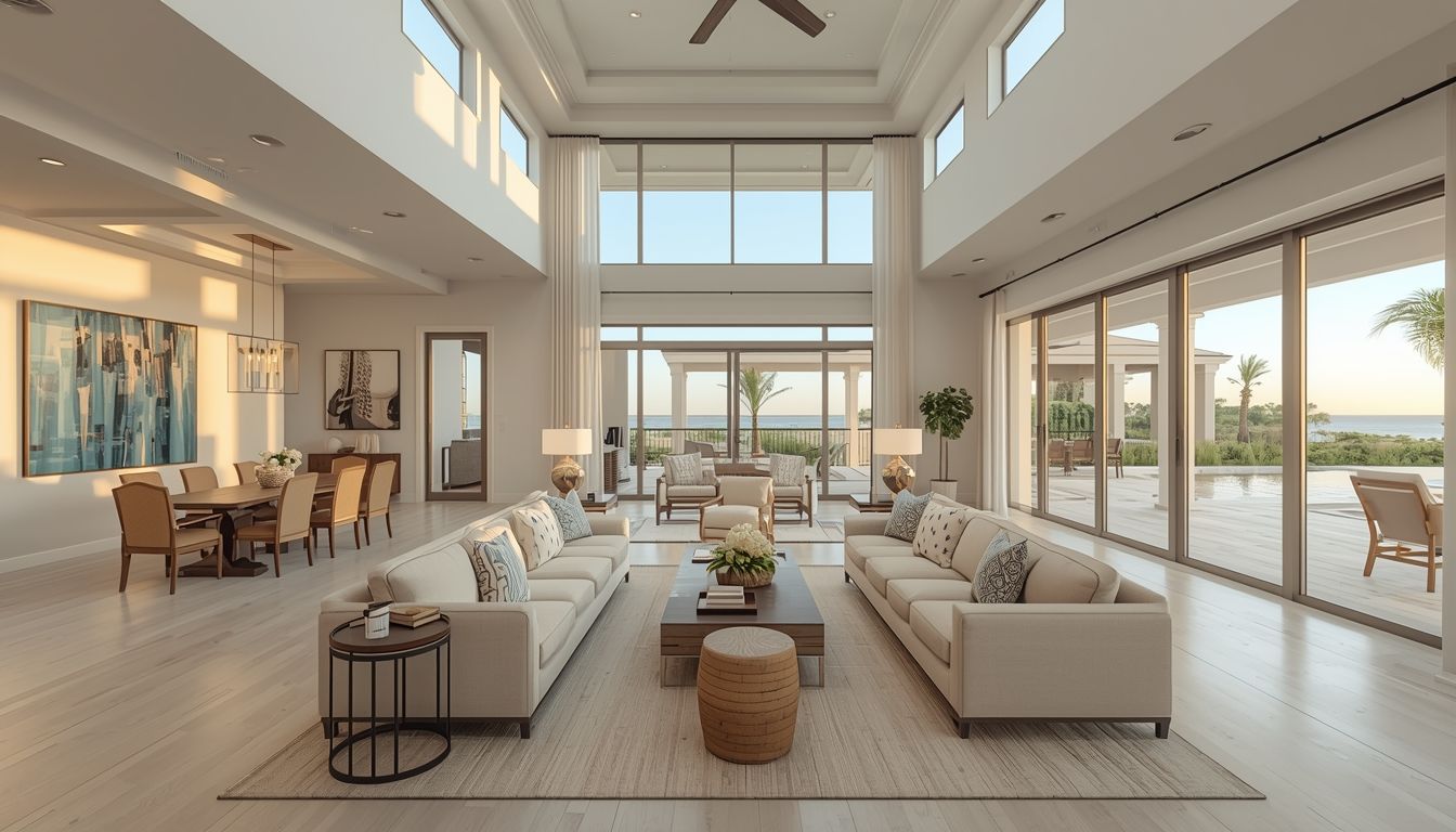 Modern open-concept living room and kitchen overlooking a private backyard pool and patio.