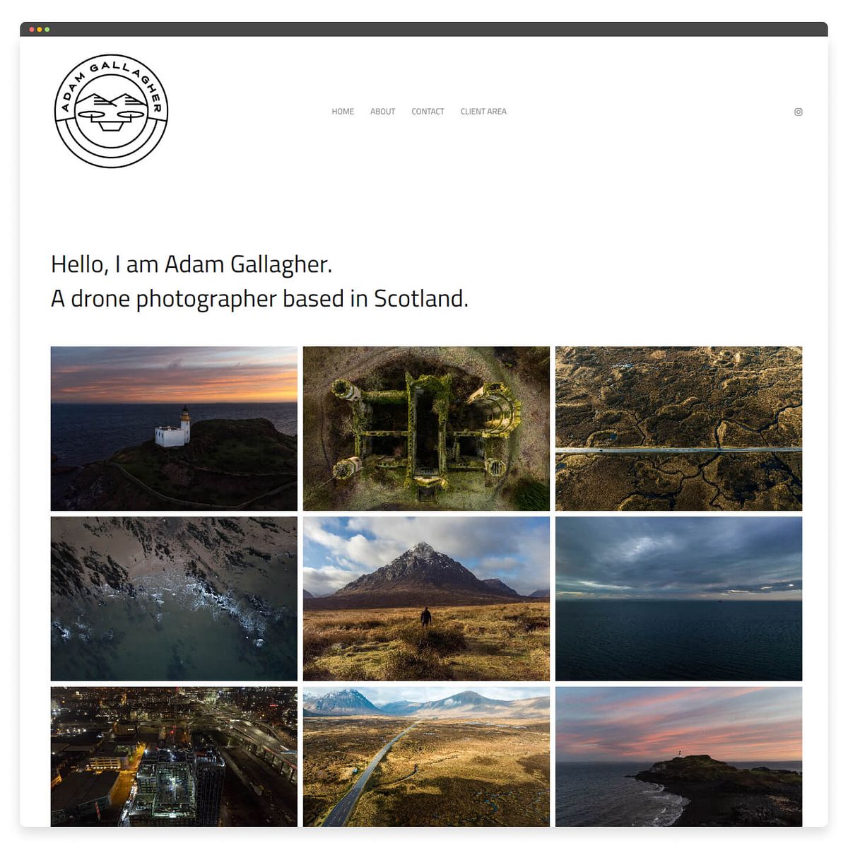 Design de site de fotografia de drone de Adam Gallagher