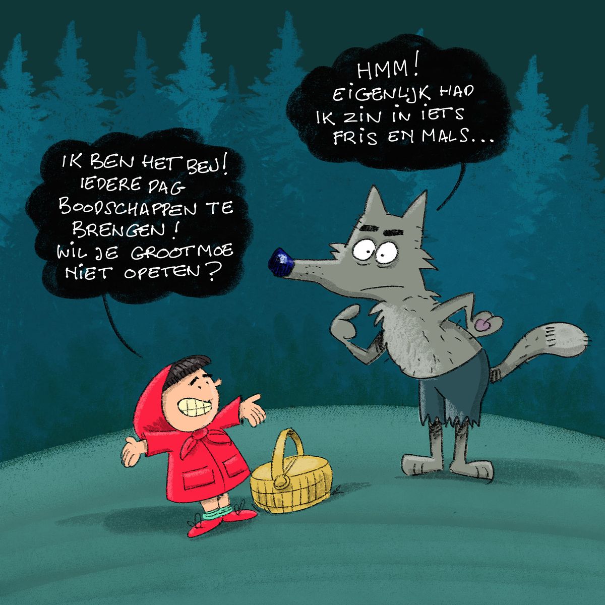 cartoon parodie op roodkapje en de wolf. Roodkapje vraagt de wolf of hij niet grootmoe wil opeten.