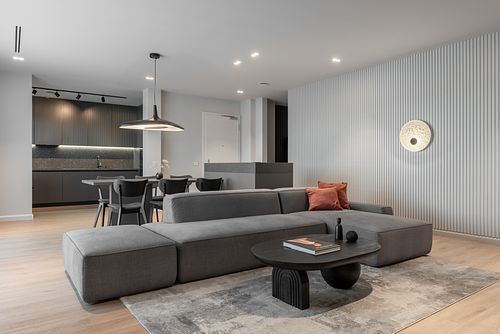 Wide-frame view of minimalist living room with breathable, open design – Columna project