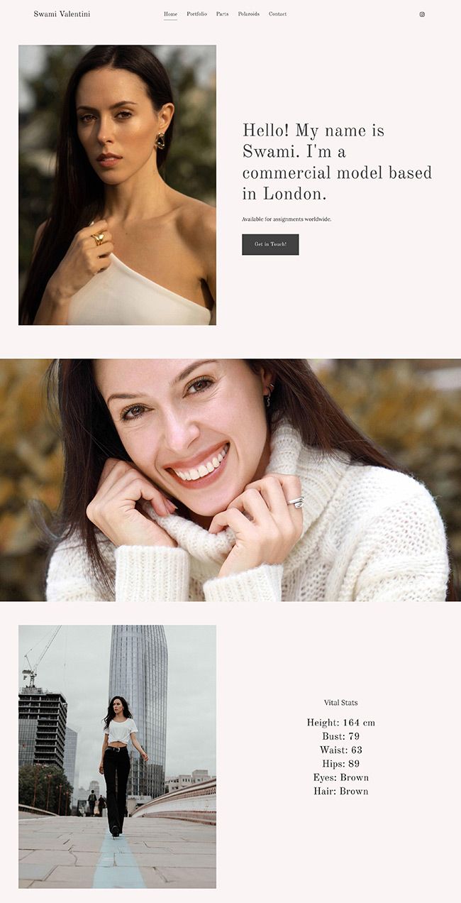 Swami Valentini's commercial model portfolio website