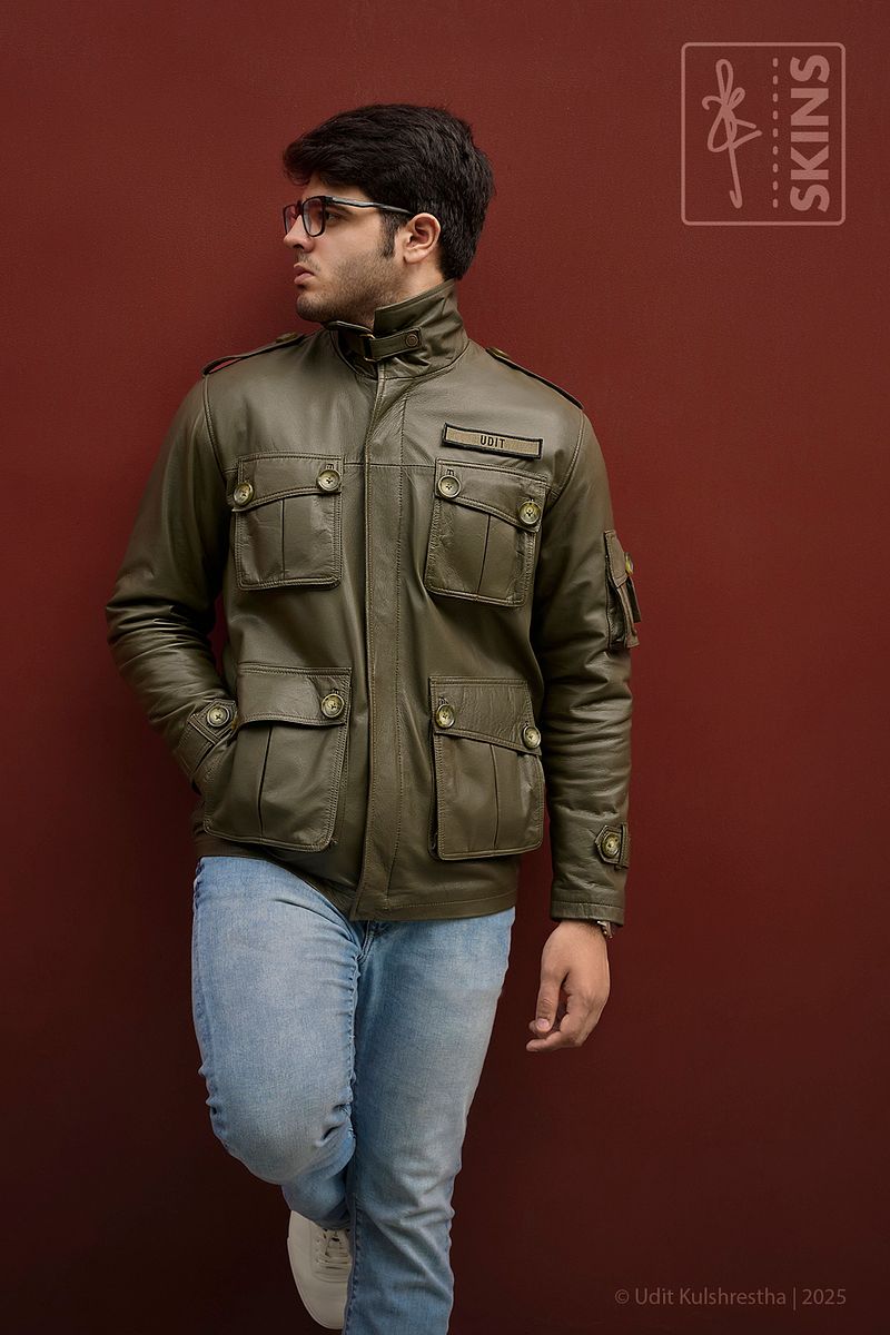 SKINS Odh : M65 Field Leather Jacket (Olive Green)
