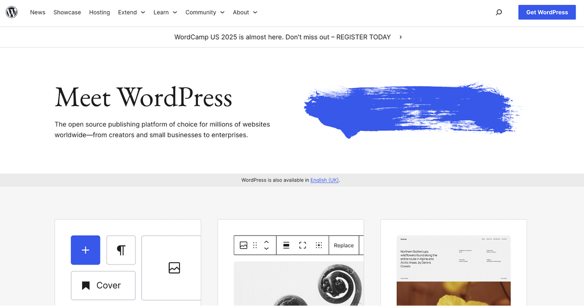Screenshot of WordPress home page